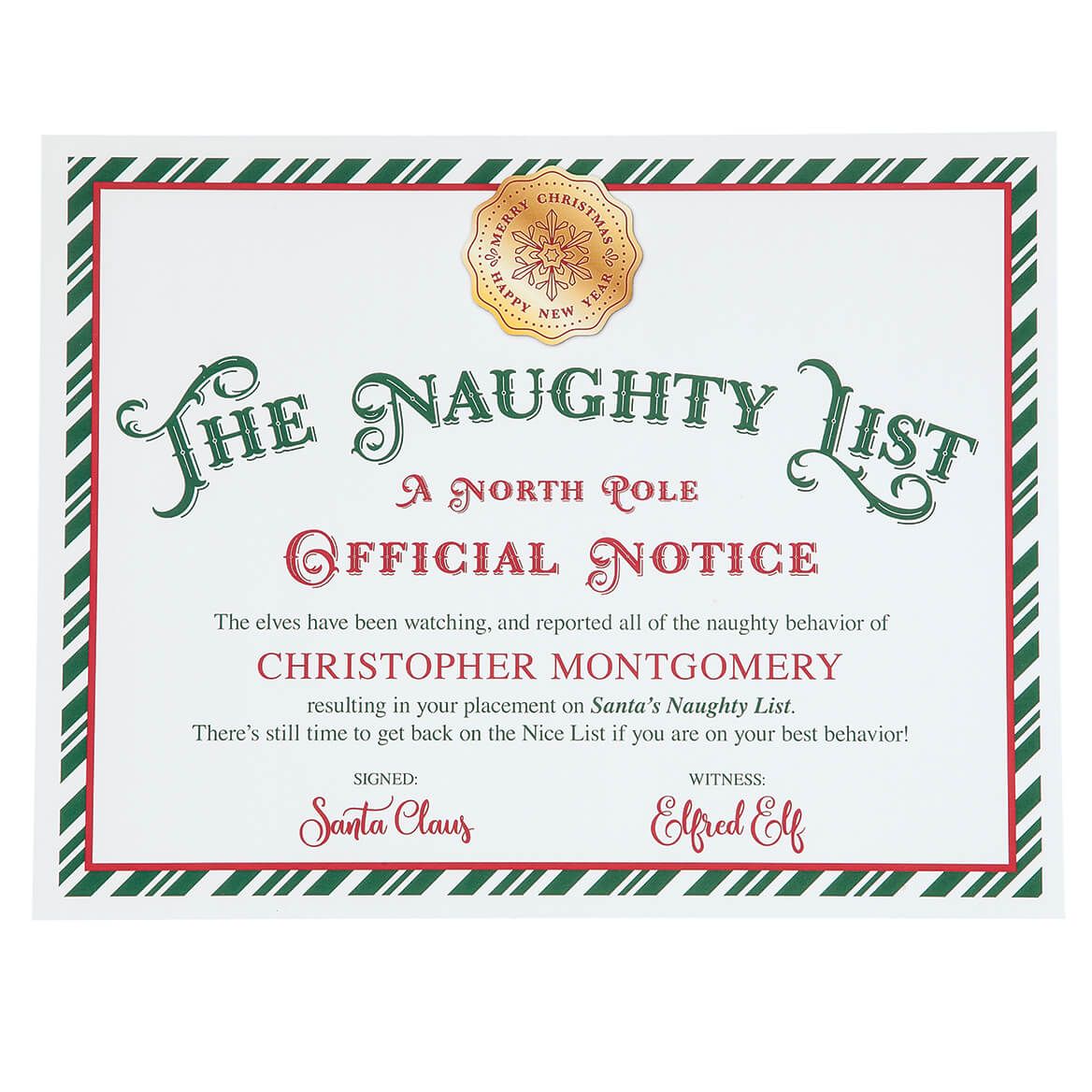 Personalized Santa Naughty List Certificate