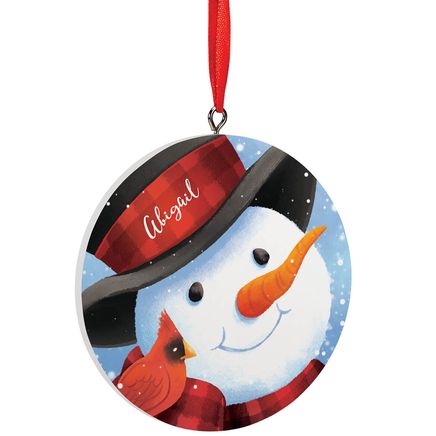 View product details for Personalized Buffalo Plaid Snowman and Cardinal Ornament