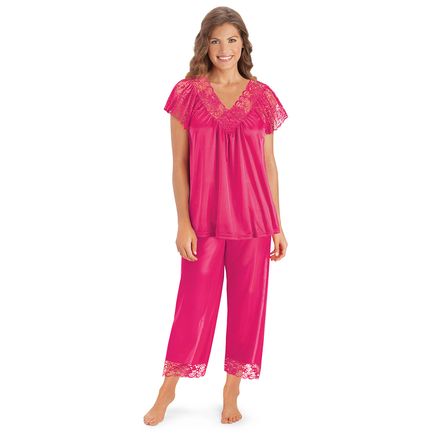 Lace Trim Silky Capri Women's Pajama Set-379781