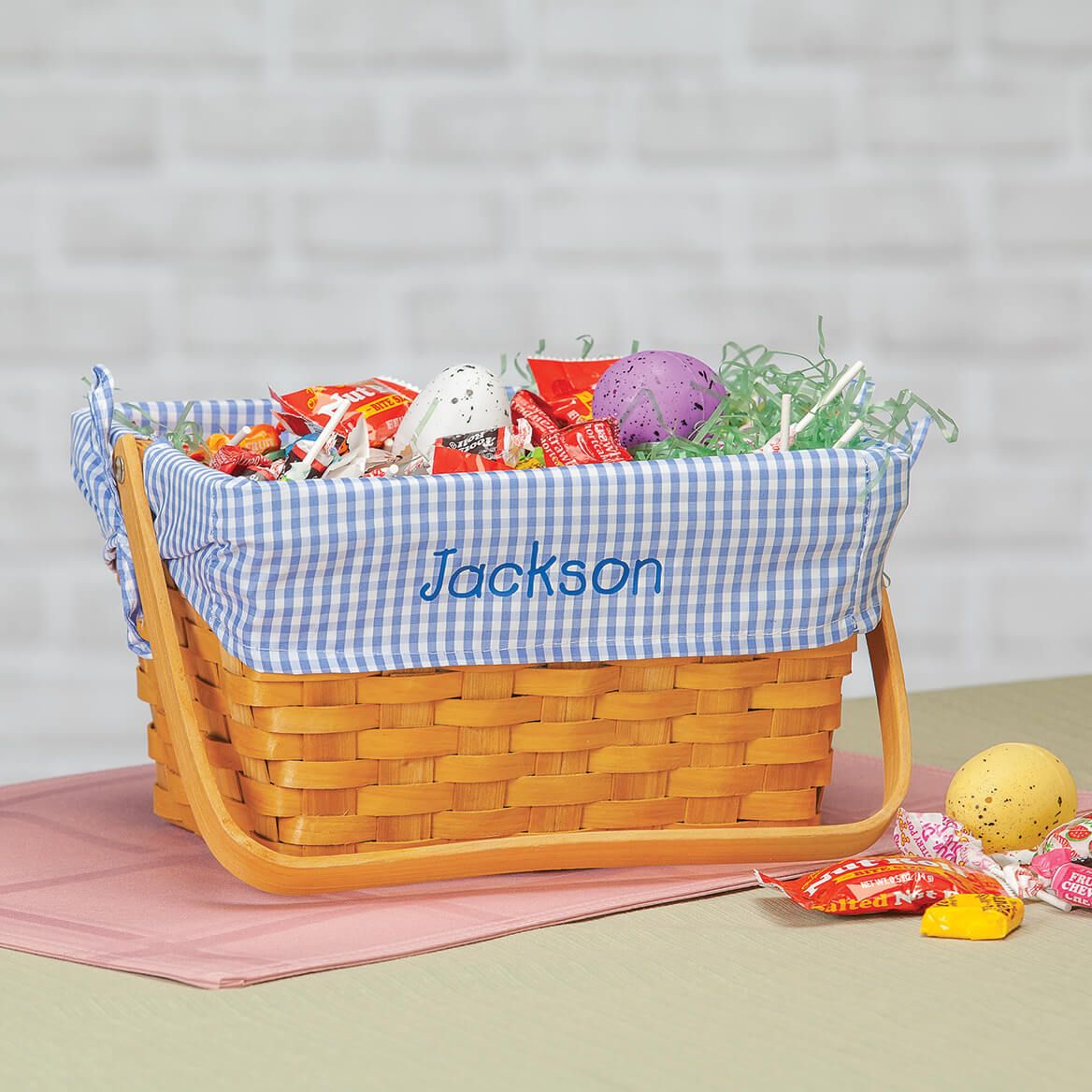 Personalized Blue Gingham Wicker Easter Basket + '-' + 366644