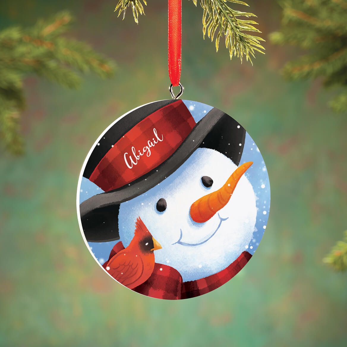 Personalized Buffalo Plaid Snowman and Cardinal Ornament