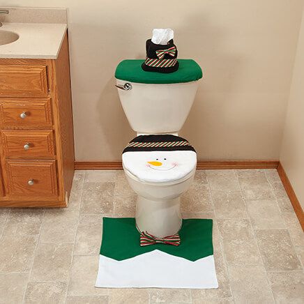 3-Piece Green Snowman Toilet Cover and Rug Set-373951