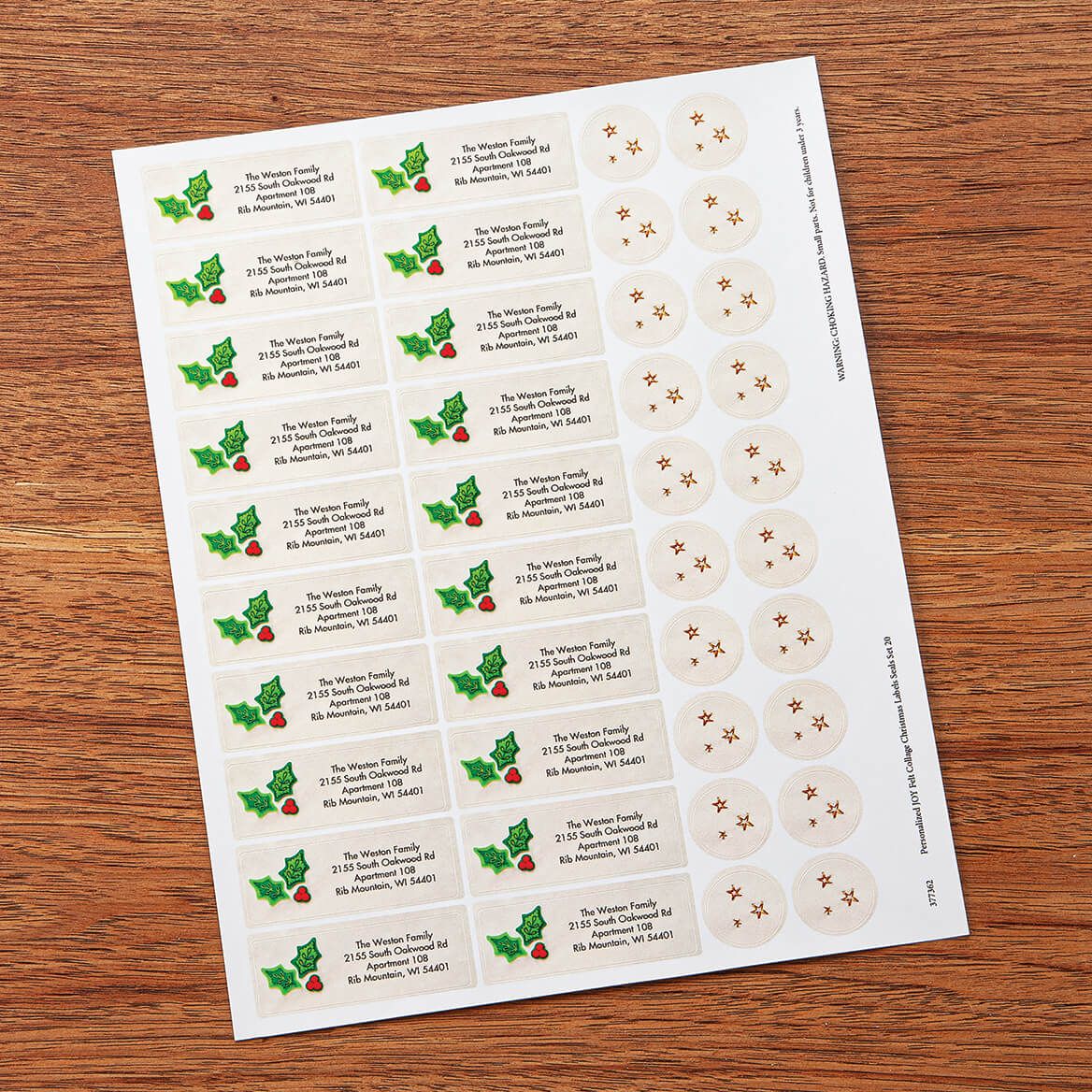 Personalized JOY Felt Collage Christmas Labels Seals, Set of 20 + '-' + 377362