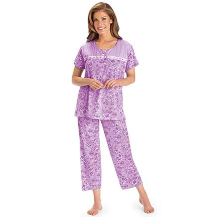Lace Trim Floral Capri Pajama Set-379730