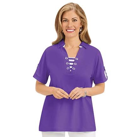 Striped Trimmed Polo Top-379899