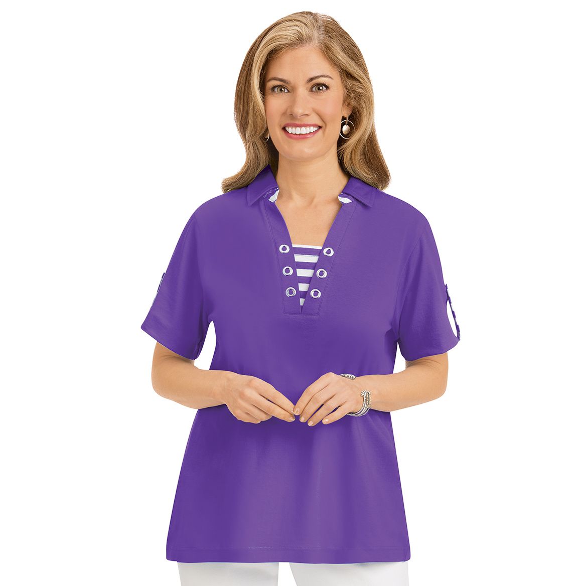 Striped Trimmed Polo Top + '-' + 379899