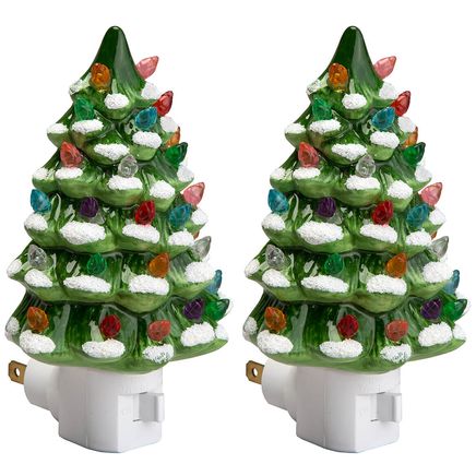 Green Snow-Capped Ceramic Tree Night Light, Set of 2-371418