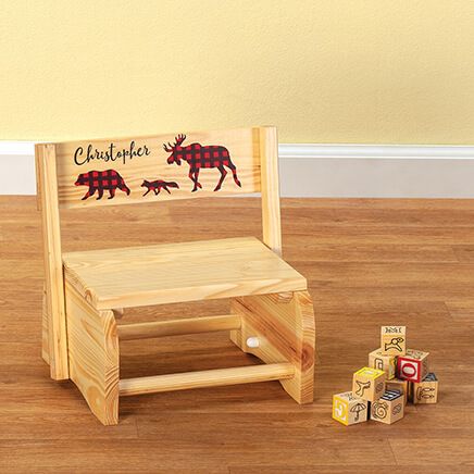 Personalized Children's Natural 2-In-1 Buffalo Plaid Stool-369612