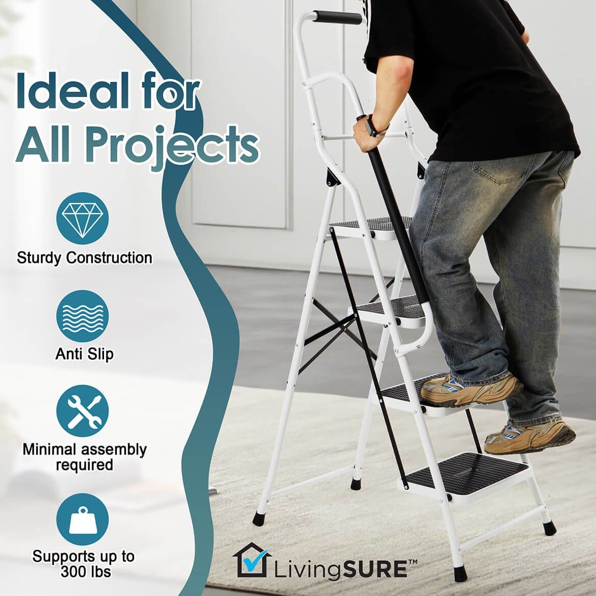 Folding Four Step Ladder with Handrails by LivingSURE™    XL-354173
