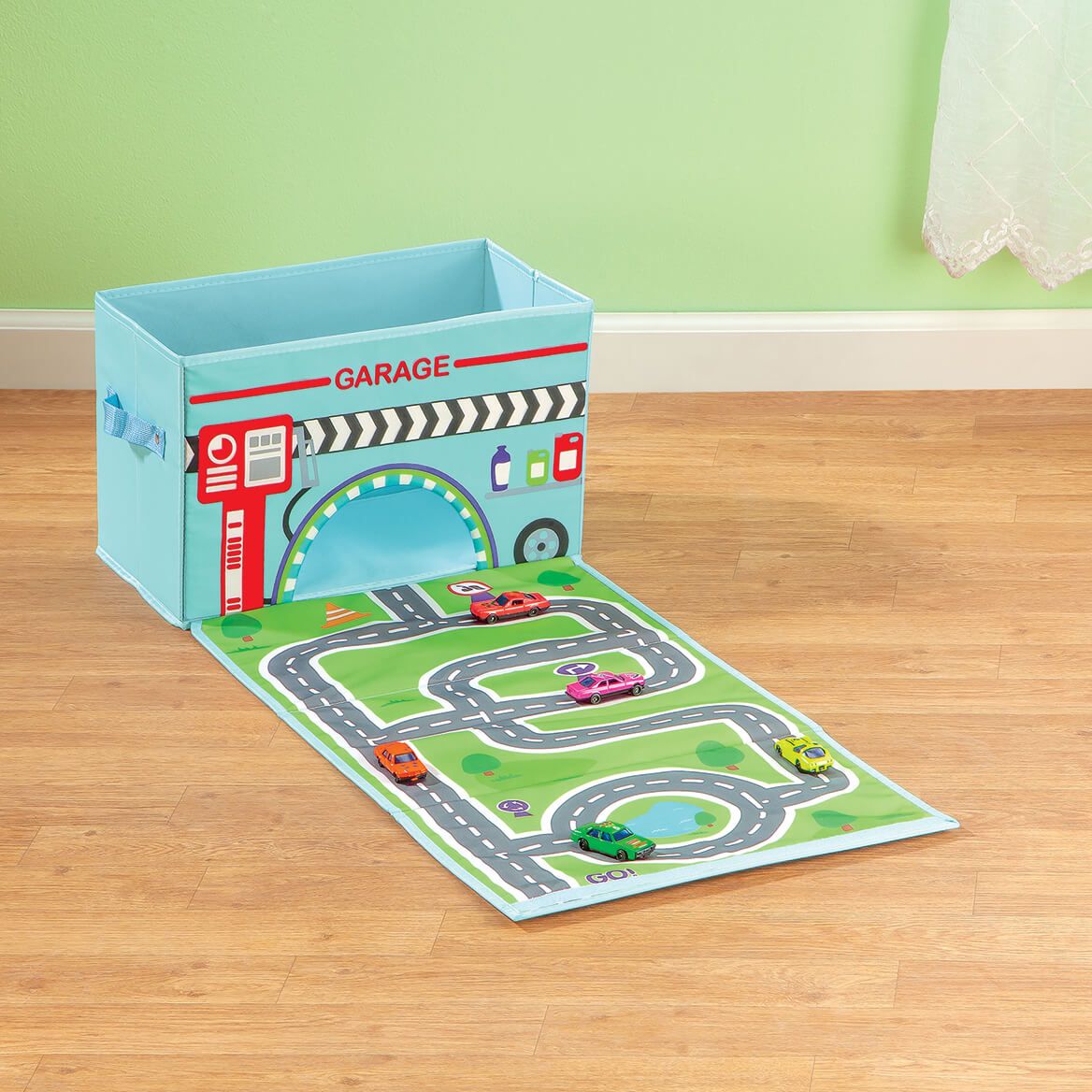 Personalized Foldover Toy Box with Play Mat, Blue Garage-369229