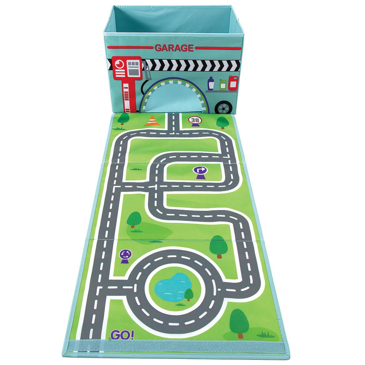 Personalized Foldover Toy Box with Play Mat, Blue Garage-369229