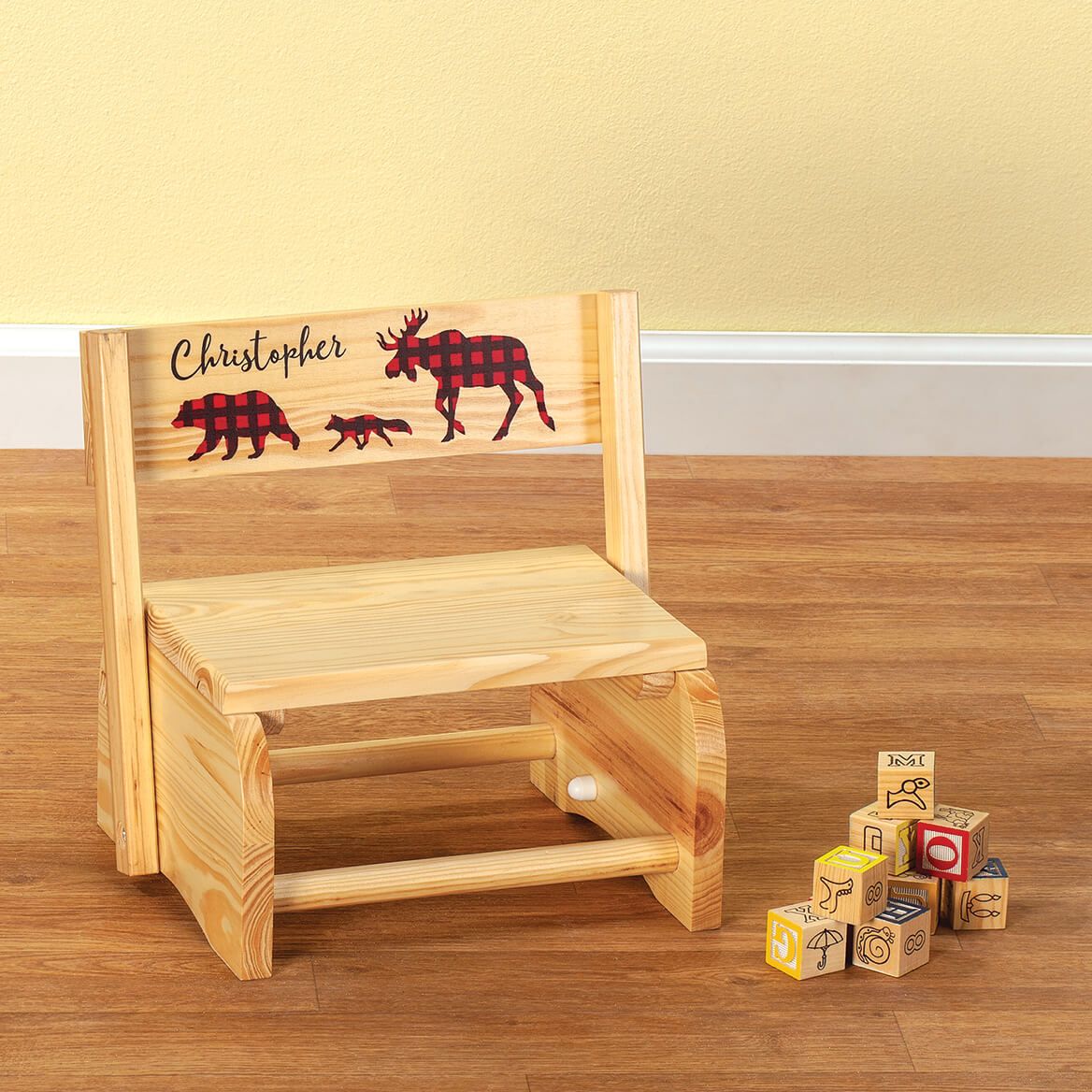 Personalized Children's Natural 2-in-1 Buffalo Plaid Stool-369612