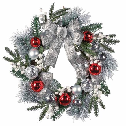 View product details for Lighted Red & Silver Ornament Wreath By Holiday Peak™