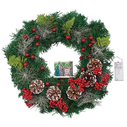 Lighted Holiday Wreath with House-368201