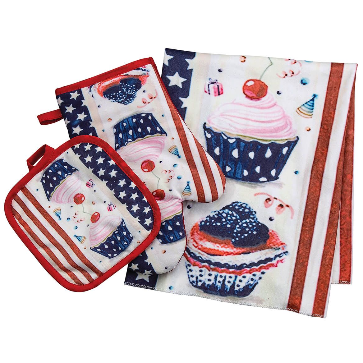 Patriotic Cupcake Kitchen Towel, Oven Mitt & Pot Holder Set + '-' + 371628