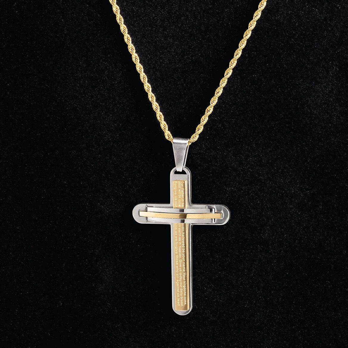 Lord&#x27;s Prayer Bicolor Cross Pendant Necklace for Men