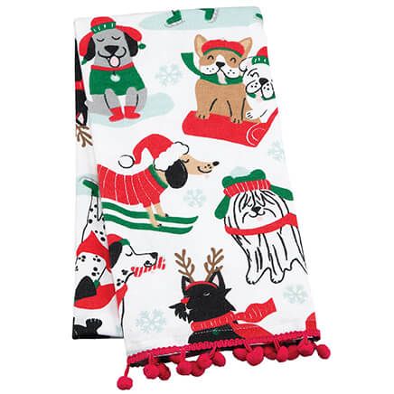 Playful Pups Holiday Towel with Poms-374214