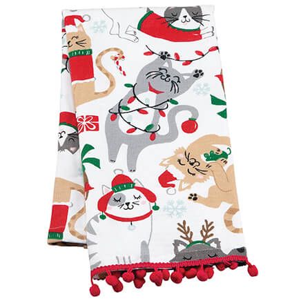 Festive Kitties Holiday Towel with Poms-374215