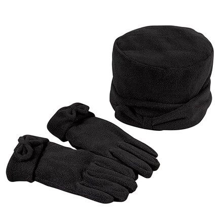 Fleece Pillbox Hat with Bow and Gloves Set-377561