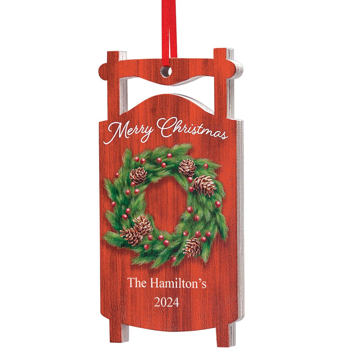 Personalized Merry Christmas Wreath Sled Ornament + '-' + 378020