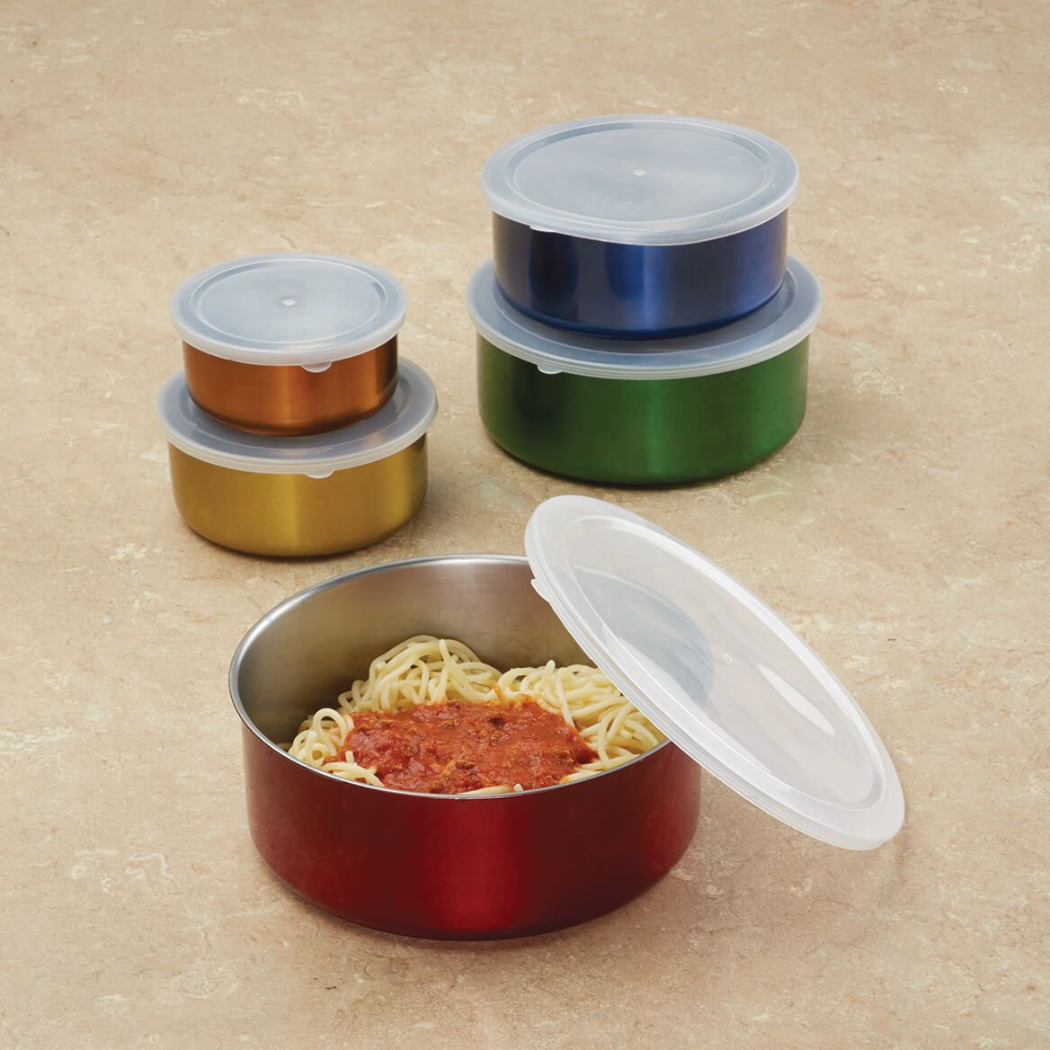 Colorful Stainless Steel Storage Bowls with Lids, Set of 5 + '-' + 372997