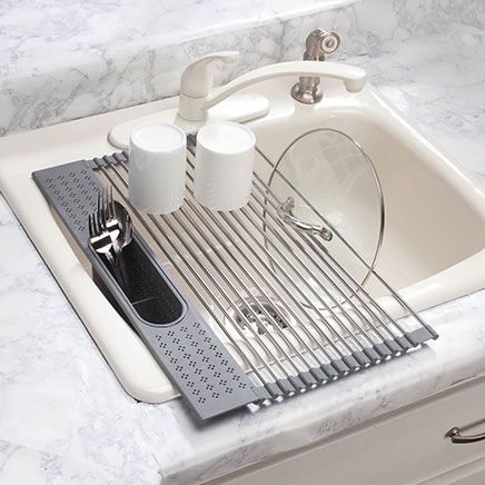 View product details for Over-The-Sink Roll-Up Drying Rack with Utensil Holder by Home Marketplace