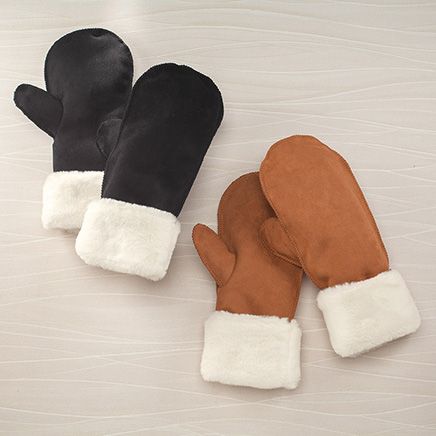 Faux Suede Fur-Lined Mittens-373795