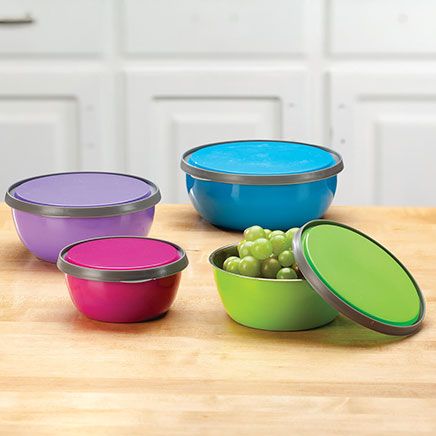 Colored Stainless Steel Bowls with Lids, Set of 4-376041