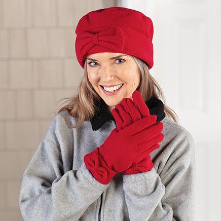 Fleece Pillbox Hat with Bow and Gloves Set-377561