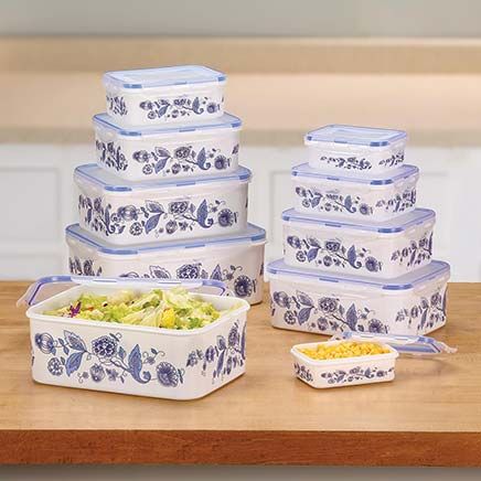 10-Piece Blue Floral Locking Container Set with Bonus Set by Home-Style Kitchen™-379400