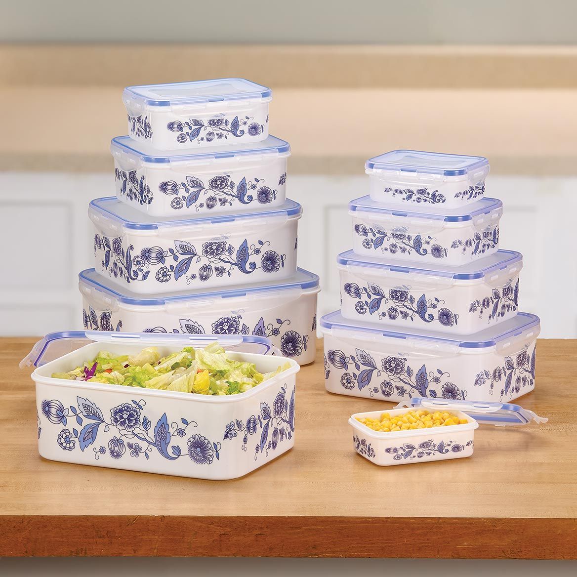 10-Piece Blue Floral Locking Container Set with Bonus Set by Home-Style Kitchen™ + '-' + 379400