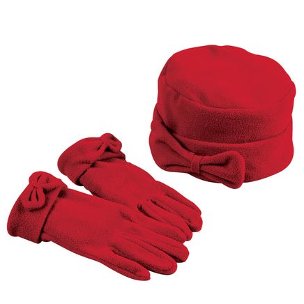 Fleece Pillbox Hat with Bow and Gloves Set-377561