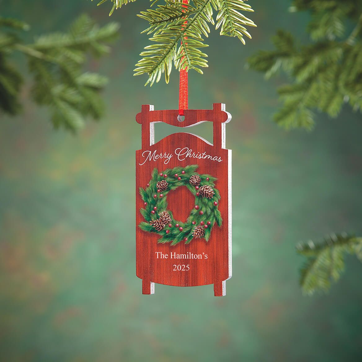 Personalized Merry Christmas Wreath Sled Ornament-378020