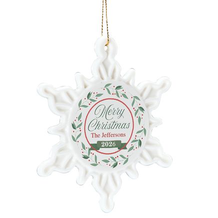 View product details for Personalized Merry Christmas Wreath Porcelain Snowflake Ornament