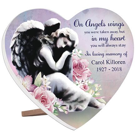 Personalized "On Angel's Wings" Memorial Heart Table Sitter-372911