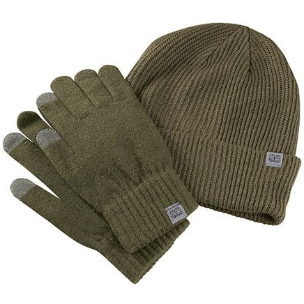 Men's Knit Cuffed Beanie and Glove Set-373981