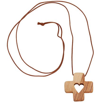 Olive Wood Heart in Cross Pendant-375320