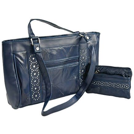 Patch Leather Bag and Wallet Set-376280