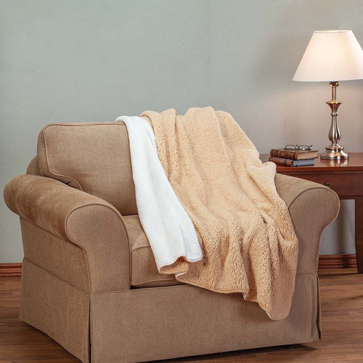 Soft Sherpa Fleece Blanket, White and Taupe + '-' + 377357