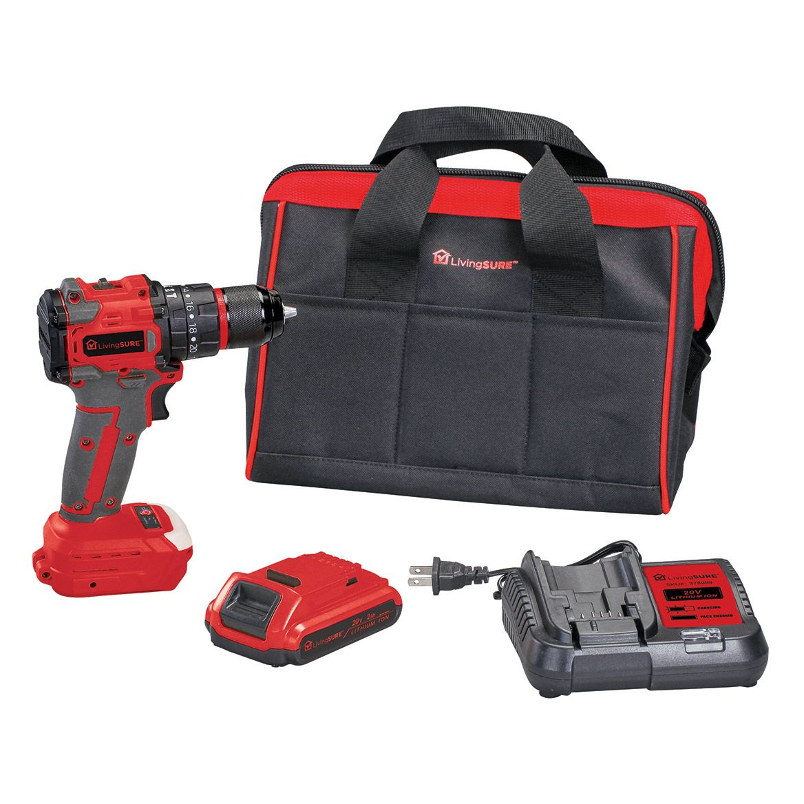Cordless Drill, Battery, Charger and Bag Set by LivingSURE™ + '-' + 379004