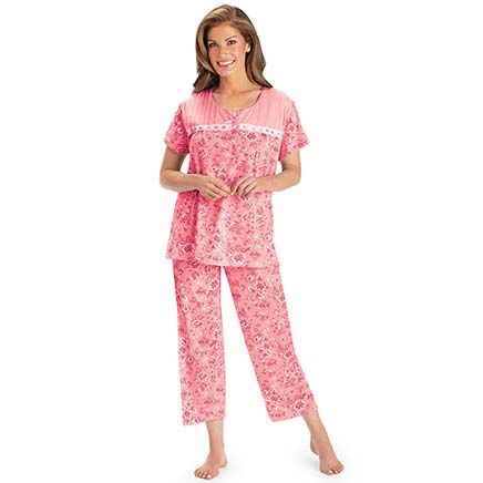 View product details for Lace Trim Floral Capri Pajama Set