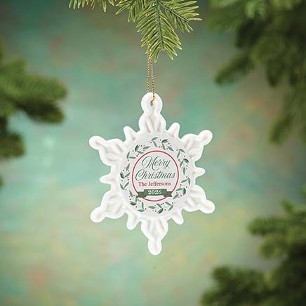 View product details for Personalized Merry Christmas Wreath Porcelain Snowflake Ornament