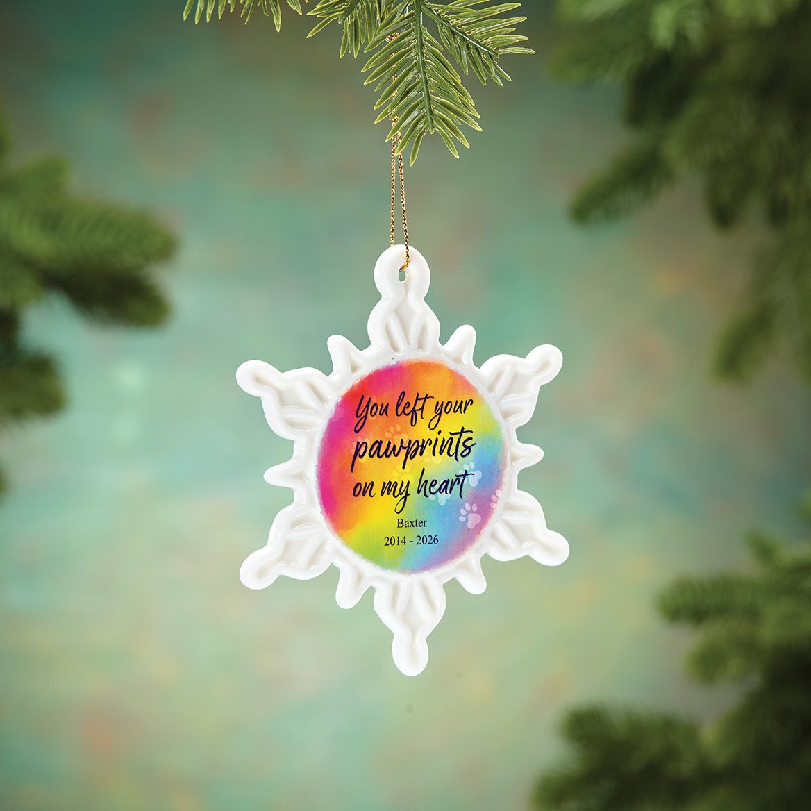 Personalized Left Pawprints on My Heart Porcelain Snowflake Ornament